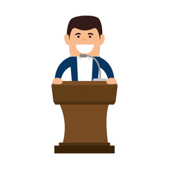 avatar orator man in a speech communication podium wooden pedestal with microphone. vector illustration
