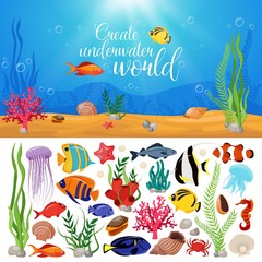 Fototapeta na wymiar Sea Life Animals Plants Composition