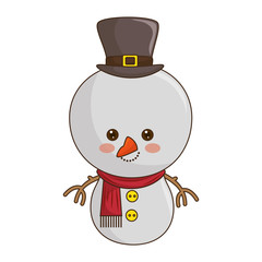 happy cartoon kawaii snowman smiling with hat and red scarf. vector illustration
