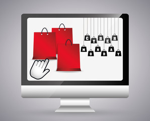 Shopping bag and computer icon. Cyber Monday ecommerce and market theme. Colorful design. Vector illustration