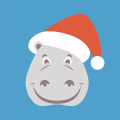 hippopotamus face in Santa hat vector illustration style Flat