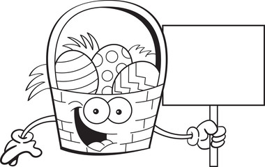 Black and white illustration of an Easter basket holding a sign.