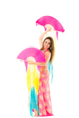 Bellydancer wearing pink colored top with skirt, holding colorful scarf in hands performing dance, white studio background