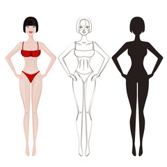 Beautiful fit woman color and outlines silhouettes in standing poses. Attractive girls in summer bikini, posing models - vector flat style illustration