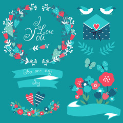 Romantic collection with labels, ribbons, hearts, flowers and birds