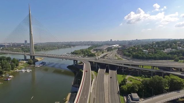 Aerial view of the bridge in Belgrade,Serbia; named " Most na Adi".Aerial view of the river Sava