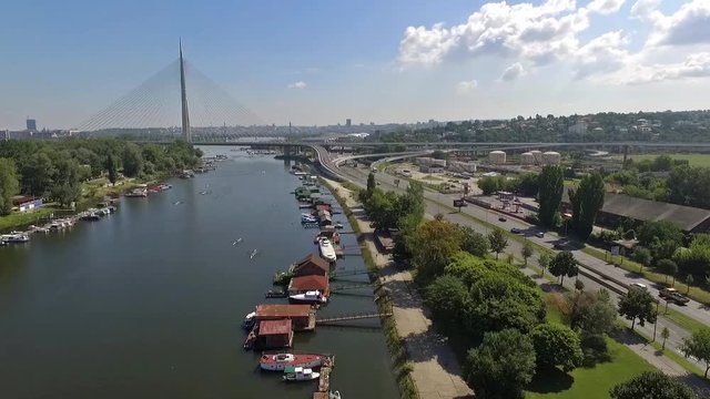 Aerial view of the bridge in Belgrade,Serbia; named " Most na Adi".Aerial view of the river Sava