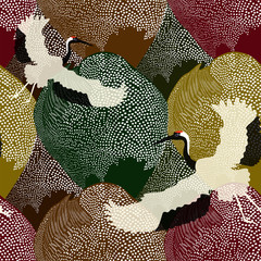 Abstract illustration of two Japanese cranes flying over a field and forest in the background pattern of polka dots - 120121788