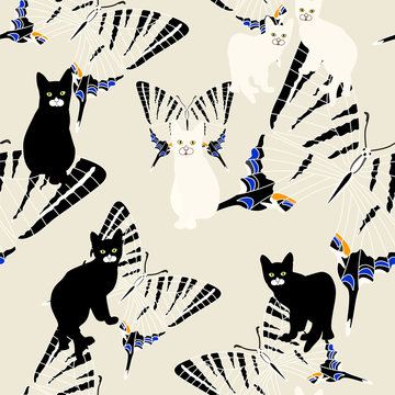 Abstract illustration black and white kittens on a yellow background with a pattern of striped butterflies, color vector design fashion print, trendy stylish texture
