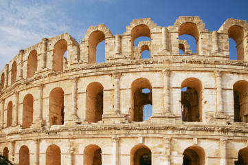 Naklejka premium El Djem amphitheatre, the most impressive Roman remains in Africa. Mahdia, Tunisia. UNESCO World Heritage Site.