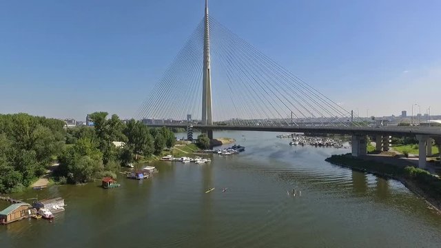 Aerial view of the bridge in Belgrade,Serbia; named " Most na Adi".Aerial view of the river Sava