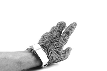Iron mesh glove / Hand with iron mesh glove on white background. Protection devices for industrial applications. Black and white tone.