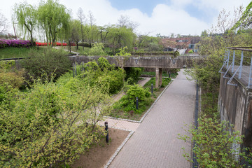 View of the Seonyudo Park in Seoul, South Korea. The park used to be a filtration plant, thus the...