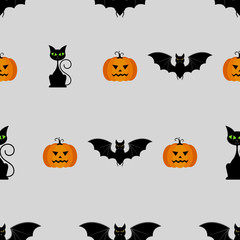 Halloween seamless pattern with pumpkins, black cat and bat
