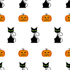 Halloween seamless pattern with pumpkins, black cat.