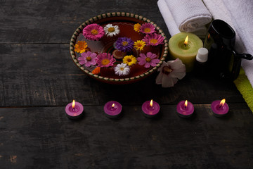 candles, flavored water and other items for spa treatments