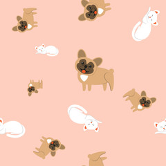 Obraz premium Seamless pattern of domestic animals on a pink background.