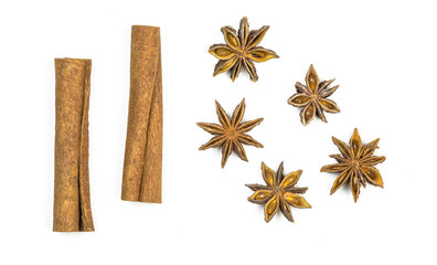 Star anise,cinnamon on a white background