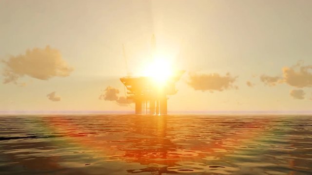 Oil platform in the sea at sunrise. Three dimensional rendering animation.