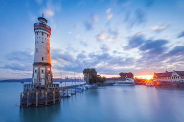 LINDAU, GERMANY - Lighthouse at port of Lindau harbour, Lake Constance, Bavaria

 - obrazy, fototapety, plakaty