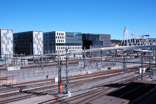 Oslo view with train station and modern buildings. 