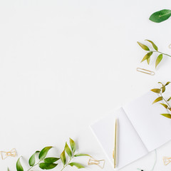 feminine home office workspace mockup with branches, golden pen, clips. flat lay, top view