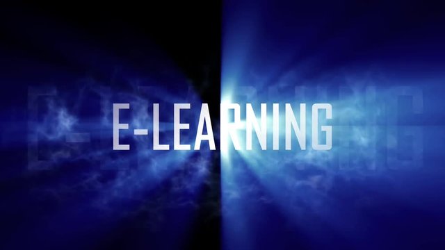 E-learning title, intro. 10 seconds loopable intro with cloud of smoke and rays of light. Light rays pass through the word "E-learning" and smoke. Black background and blue rays of light.