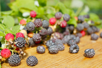 black raspberry with berries and leaves on the boards