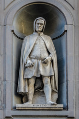 Uffizi gallery in Florence. Sculptures outside Palace Uffizi