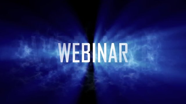 Webinar title, intro. 10 seconds loopable intro with cloud of smoke and rays of light. Light rays pass through the word "Webinar" and smoke. Black background and blue rays of light.