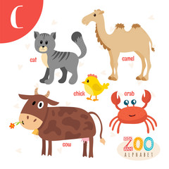 Letter C. Cute animals. Funny cartoon animals in vector. ABC boo