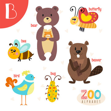 Letter B. Cute animals. Funny cartoon animals in vector. ABC boo
