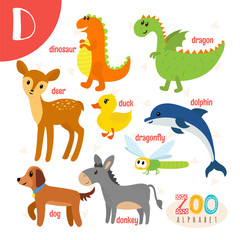 Letter D. Cute animals. Funny cartoon animals in vector. ABC boo
