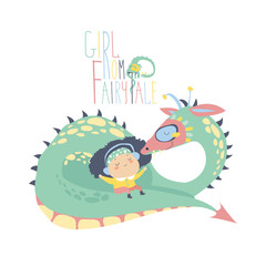 Naklejka premium Cute girl sitting on the back of a dragon