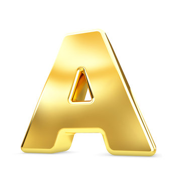 3d gold letter A isolated white background.