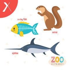 Letter X. Cute animals. Funny cartoon animals in vector. ABC boo