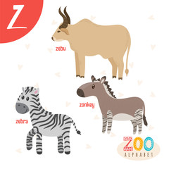 Letter Z. Cute animals. Funny cartoon animals in vector. ABC boo
