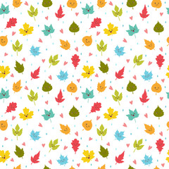 Seamless pattern with autumn leaves. Cute background with hearts