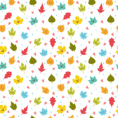 Fototapeta premium Seamless pattern with autumn leaves. Cute background with hearts