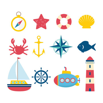 Nautical design elements in flat style. Collection of nautical s