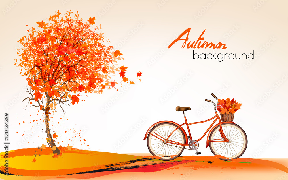 Poster autumn background with a tree and a bicycle. vector