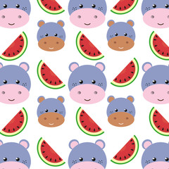 purple hippopotamus animal character cute cartoon and watermelon background. vector illustration 