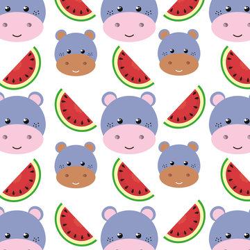 purple hippopotamus animal character cute cartoon and watermelon background. vector illustration 