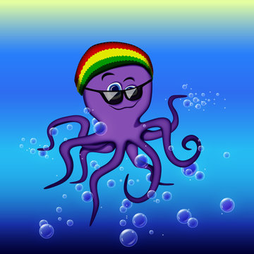 Cartoon Purple octopus in a cap and glasses among the bubbles
