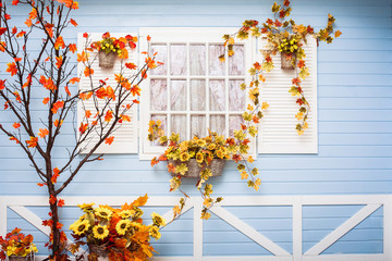 Cozy country house with blue walls and white window in autumn se