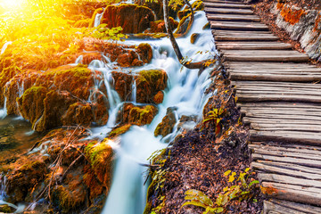 View of the beautiful waterfalls in the sunshine in Plitvice National Park, Croatia