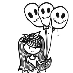 Girl with scary face balloon for Halloween day cartoon illustration