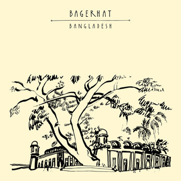 Mosque City of Bagerhat. Bangladesh, Asia. A UNESCO World Heritage Site. Vintage hand drawn postcard