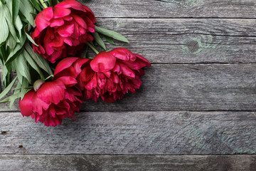 Pink peonies flowers on rustic wooden background. Selective focus, place for text, top view