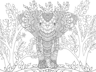 Fototapeta premium Zentangle stylized elephant in fantasy garden